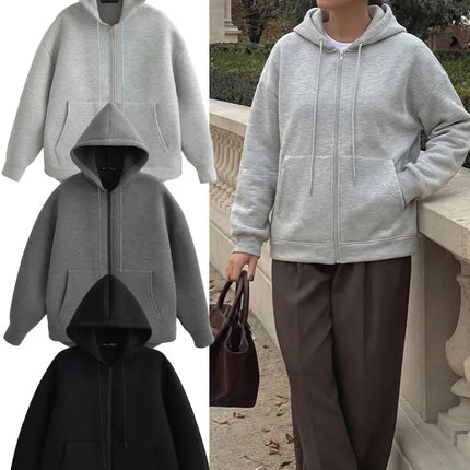 HH 2026 Casual Women's Soild Zipper Hoodie Long Sleeve Big Pocket Zipper Jacket With Hood Female Loose Outerwear Coat Tops