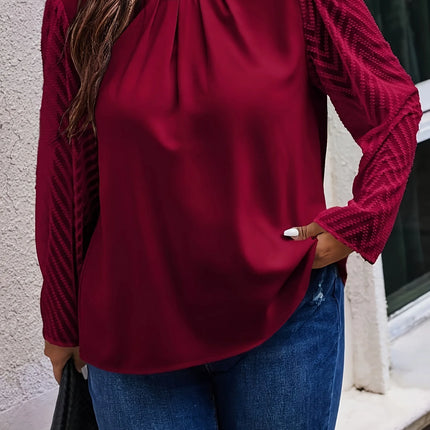 Plus Size Women's Solid Elegant Crew Neck Shirt Casual Mesh Patchwork Long Sleeved Temperament Commuting Versatile Fashion Tops