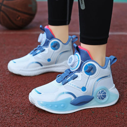 Children Basketball Shoes Boys Sports Comfortable Non Slip Flat Fitness Shoes 2025 New Rotating Button Sports Sneakers for Kids