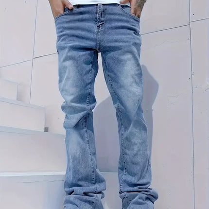 Men's Streetwear Slim Flared Jeans, Y2K Minimalist Washed Denim, Versatile Casual Pants for All Seasons.