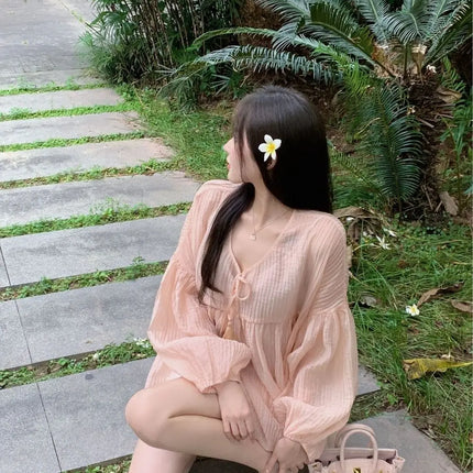 Korean Version V-neck Long Sleeved Shirt for Women's Spring 2024 New Loose Medium Long Sun Protection Shirt Top Two-piece Set