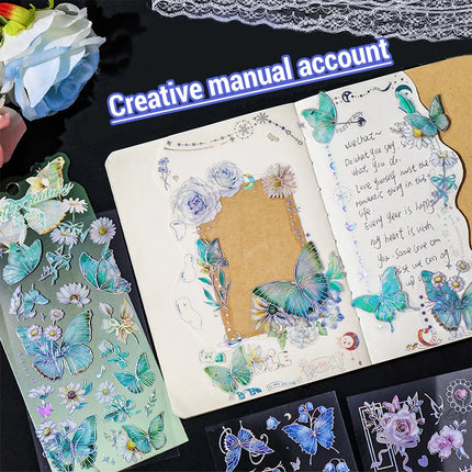 8 Sheets Butterfly Flower Stickers Set Ice Crystals Holographic Shiny Transparent Resin Waterproof Stickers 4 Themes Stickers