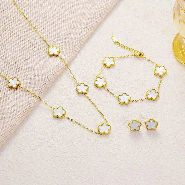 3-Piece Set of Plum Blossom Five-Leaf Flower Necklace Bracelet Women's Gift Jewelry Set for Parties