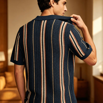 Men's Vintage Striped Knit Polo Shirt, Casual Summer Short Sleeve Top for Daily Wear & Weekend Outings