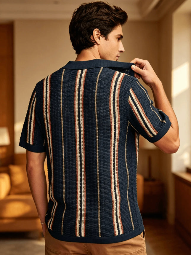 Men's Vintage Striped Knit Polo Shirt, Casual Summer Short Sleeve Top for Daily Wear & Weekend Outings