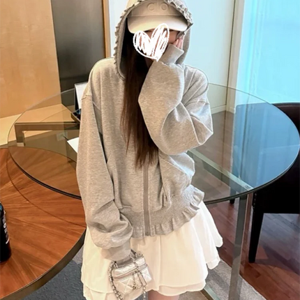 Korean Pink Zipper Hooded Sweatshirt for Women's Cute Outerwear Cardigan with Ruffle Edge Long Sleeved Top Loose Hoodie