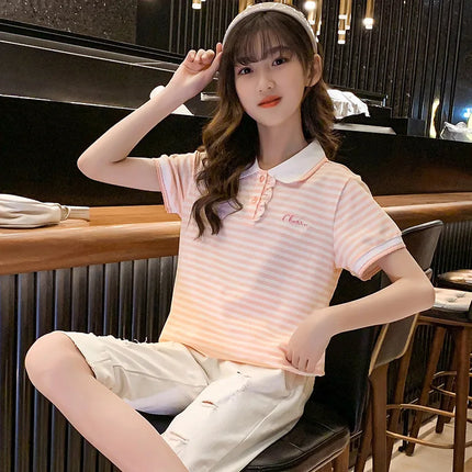Girls' summer short sleeved polo shirt top, lapel baseball jersey, tennis jersey, cotton medium to large children's striped shir