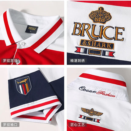 New Straight Men's Striped Polos Short Sleeved Bruce&Shark Summer Fashion Embroidery T-shirt Breathable Men Casual Tee Big Size
