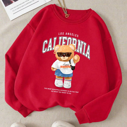 Autumn Winter Women's Pullover California Letter Trend Bear Printing Hoodie Loose Crewneck Warm Fleece Sweatshirt Streetwear