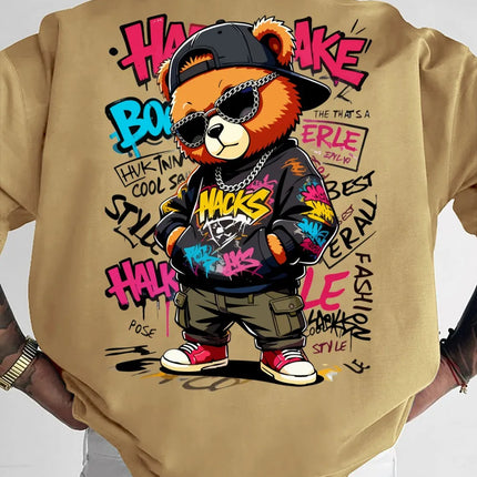 European and American men's summer teddy bear graffiti print comfortable and breathable round neck T-shirt outdoor street top