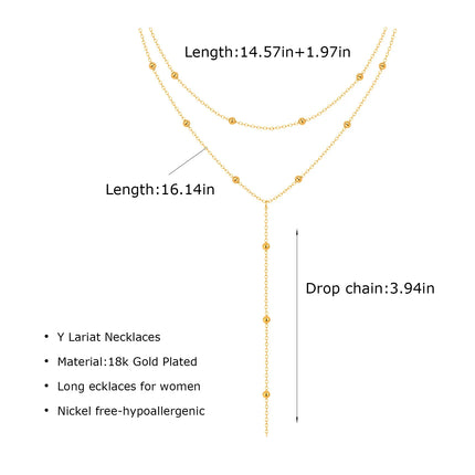 Gold Plated Stainless Steel Lariat Necklace, Dainty Long Layered Necklace for Women Girls, Y-Shaped Drop Pendant