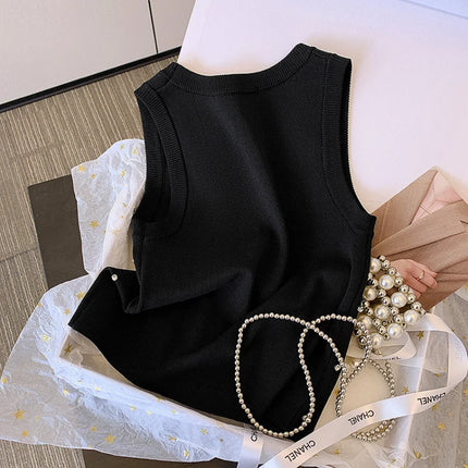 Summer Sexy Sleeveless Vest Women Korean Fashion Inlay Diamond Luxury Designer Slim Fit Knitted Tank Tops Women Camis Clothes