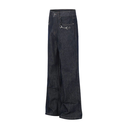 High Street Primary Colors Denim Metal Buckle Jeans Men Women Streetwear Loose Casual Retro Jeans Pants Trousers