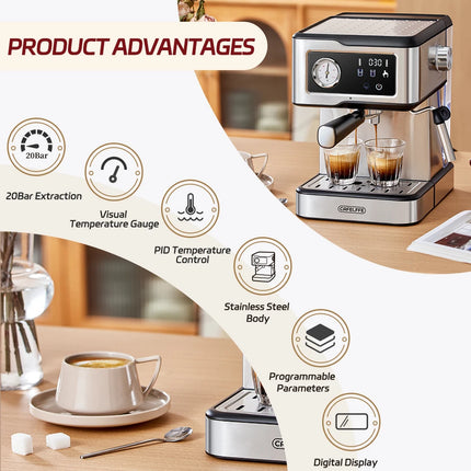 Cafelffe Espresso Machine 20Bar,Cappuccino Maker with Milk Frother Steam Wand,Coffee Maker,Semi-Automatic Cafetera present,Gift