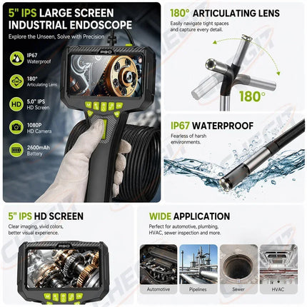 360° Steering Industrial Endoscope Camera 6mm 5"IPS Screen Single Lens Waterproof Inspection Borescope For Car/Pipe/Repair