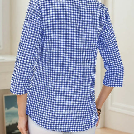 Plus Size Spring Autumn Women Fine Plaid Fashion Long Sleeve V-Neck Blouse Slim Fit Temperament Top Belly Covering Small Shirts