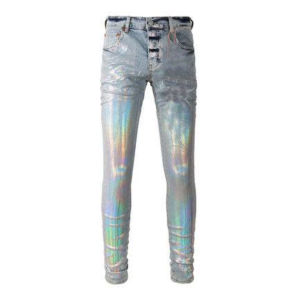 High Street Men's Jeans American Distressed Dark Black Coated Blank Stretch Skinny Button Fly Ripped Pants Trousers