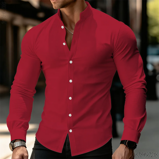 21 New Colors Men's Solid Color Long-Sleeved Stand Collar Shirt, Comfortable, Casual, Business, High-Quality, Elegant Men's Top