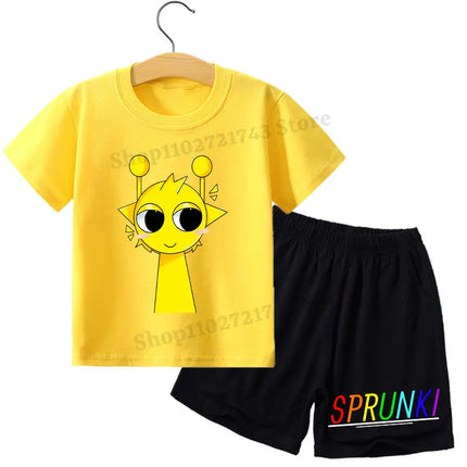2pcs Sprunki T-shirt Shorts Set for Children Anime Cartoon Fashion Short Sleeved Shirt Pants Suit Boys Girls Summer Kawaii Suits