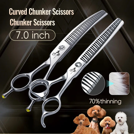 Fenice VG10 Steel 7Inch 3D Gradient Traceless Dog Grooming Straight/Curved Chunker Scissors Bearing Screws Pet Scissors 70% Rate