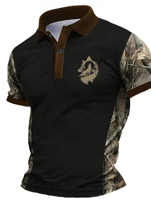 New Color Blocking Camouflage Printed Short Sleeved Polo Shirt Summer Fashion Men's Wolf Print Casual Sports T-Shirt