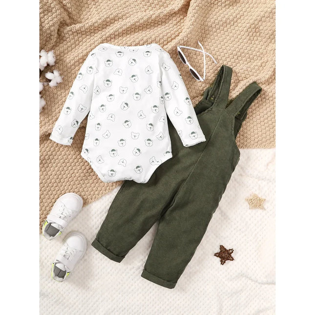 3-24 Months Toddler Baby Boy 2PCS Clothing Set Bear Print Bodysuit with Green Overall Fashion Cute Autumn and Winter Outfits