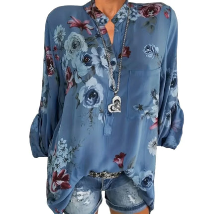 Plus Size 1XL-5XL Summer New Women's Fashion V-neck Pull-up Long Sleeved Printed Shirt Ladies Casual Standing Collar Blouse