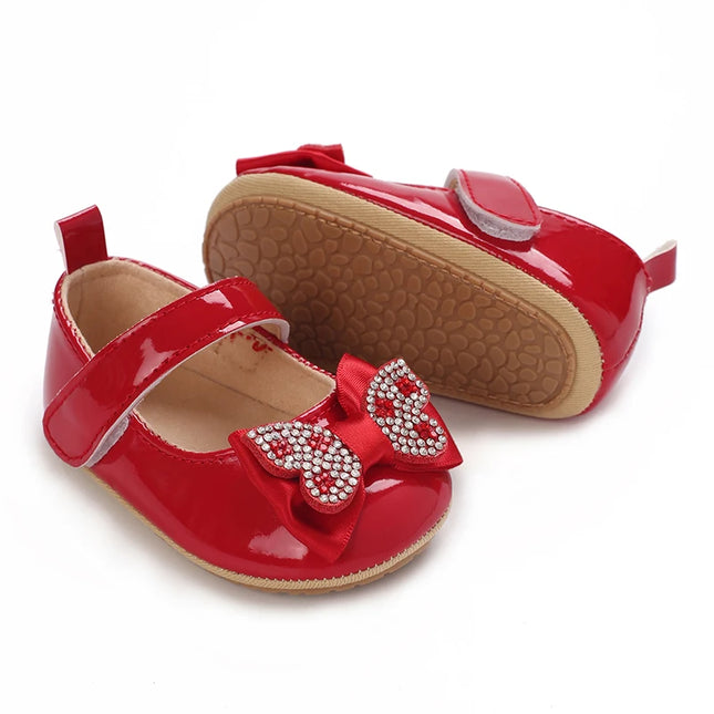 Red classic PU leather girl bow princess flat shoes with anti slip rubber sole walking newborn baby crib dress shoes 0-18M