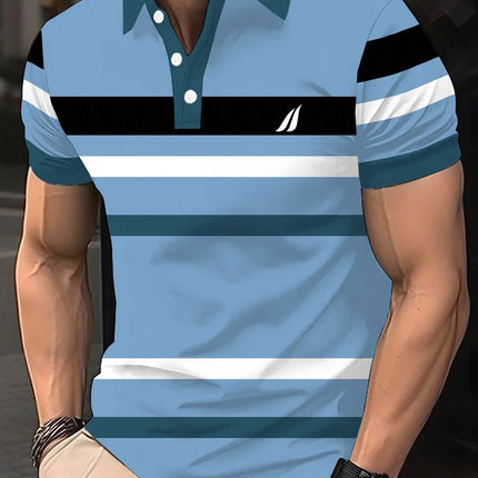 Men's casual striped checkered golf shirt, short-sleeved polo shirt for spring, summer, autumn and winter