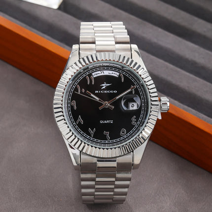 Business quartz watch with Arabic numeral markers, date display, textured dial, and bezel design, suitable for both business and leisure.