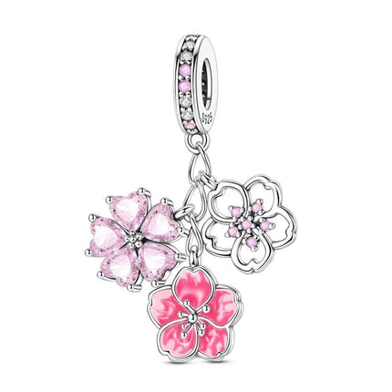 925 Silver Flowers Bouquet Rose Sunflower Blossom Petal Charms Beads Pendant Bracelet Necklace DIY Valentine's Day Gift Jewelry