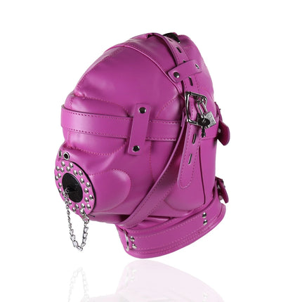 PU Leather Full Head Bondage Hood Mask Adjustable BDSM Headgear Blindfold with Chain Leash Role Play Costume Accessories
