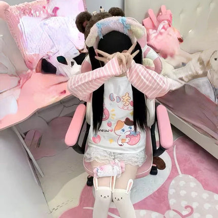 Japanese Patchwork Pink Stripe Casual T-shirt Y2k Cartoon Print Tees Women Harajuku Tops Grunge Kawaii Cute Aesthetic Tshirts