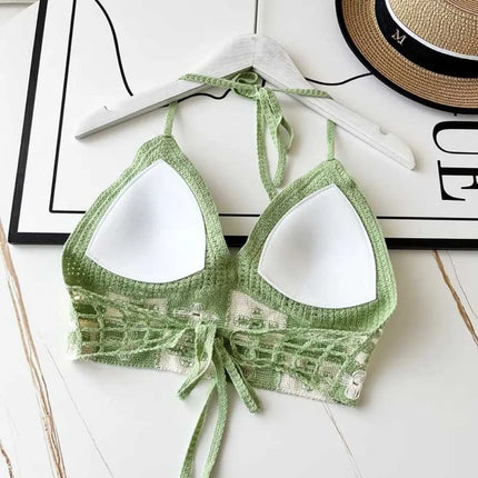 National Style Women's Swimwear Top with Chest Pads Bohemian Beach Wear Outfit Crochet Halter Neck Summer Sling Beach Vacation