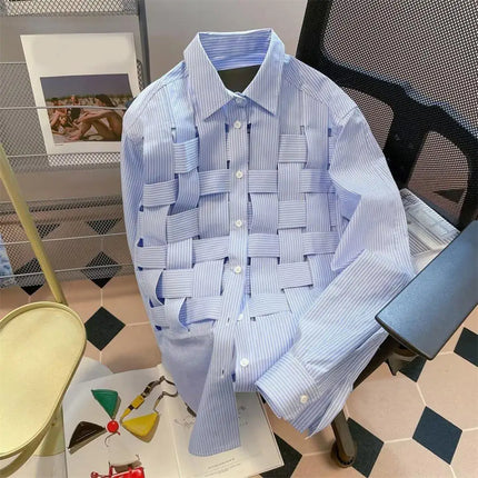 Men Fall Shirt Weaving Striped Print Individual Long Sleeve Cardigan Single-breasted Loose Cardigan Braided Men Spring Top