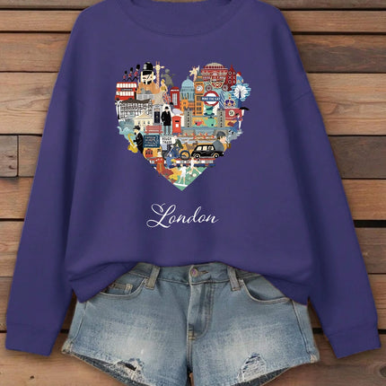 London Heart Street View Print Sweatshirt Women Fleece Hip Hop Streetwear Loose Autumn Clothes Comfortable O-Neck Pullovers