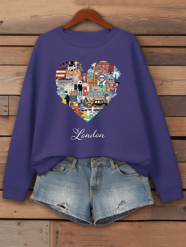 London Heart Street View Print Sweatshirt Women Fleece Hip Hop Streetwear Loose Autumn Clothes Comfortable O-Neck Pullovers