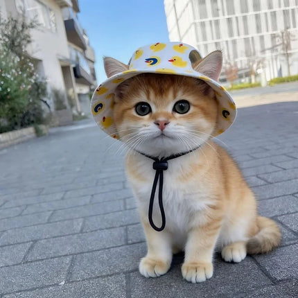 Adjustable Dog Cat Sun Hat with Ear Holes, Breathable Cotton Pet Bucket Cap for Small Dogs Cats Puppy Outdoor Summer
