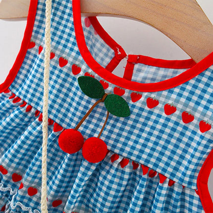 2 Pcs Baby Girl's New Summer Dress with Sleeveless Round Neck Plaid Heart Cherry Cotton Skirt and Diagonal Cross Bag Included