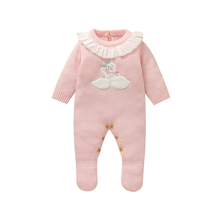 Pink Baby Girls Rompers Clothes 0-9m Cute Goose Knitted Newborn Infant Long Sleeve Jumpsuits One Pieces Toddler Overalls Outfits
