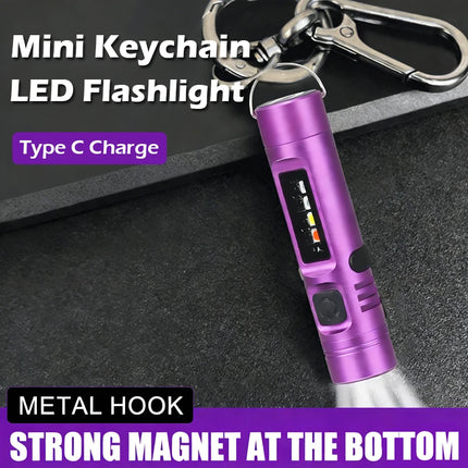 Powerful Mini COB LED Keychain Flashlight USB C Rechargeable Hanging Work Light Waterproof Keyring Camping Walking Pocket Lamp