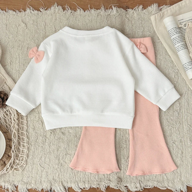 Autumn Toddler Baby Girls Outfit Bowknot Decor Long Sleeve Sweatshirt Pink Flare Pants Spring Clothes Baby Newborn Items