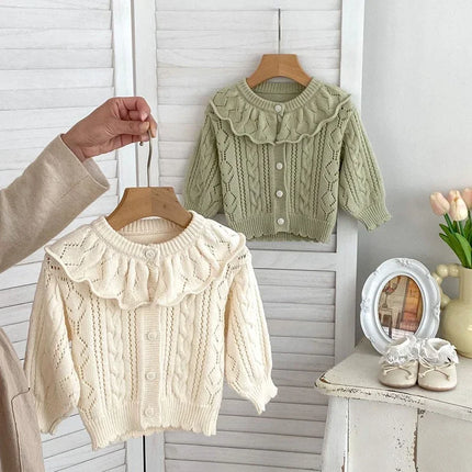 Autumn Knit Coat Baby Newborn Girls Sweater Cardigans Hollow Out Floral Ruffle Long Sleeve Girls Tops Coat Korea Girls Clothes