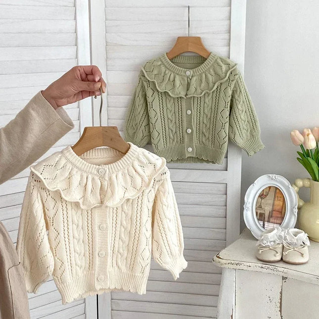 Autumn Knit Coat Baby Newborn Girls Sweater Cardigans Hollow Out Floral Ruffle Long Sleeve Girls Tops Coat Korea Girls Clothes