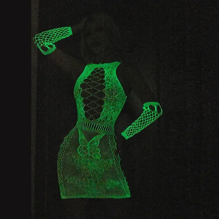 Fishing Net Transparent Women's Sexy Two Piece Set Fluorescent Open Crotch Bodystockings Dance Party Club Luminous Sex Clothes