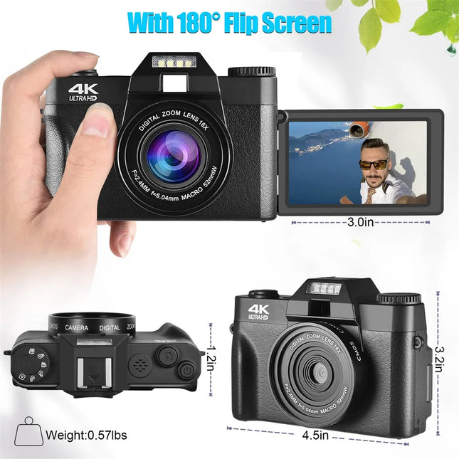 64MP Digital Photography Camera 4K WIFI Web Camcorder Vintage Vlog Video Recorder YouTube 16X Digital Zoom Camera 3" Flip Screen