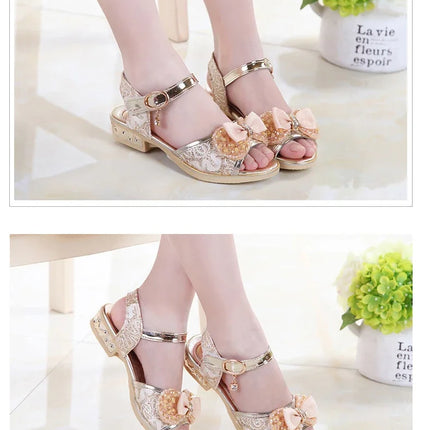 Girls Princess Shoes Summer Children High Heels Open-toe Party Wedding Toddlers Sandals Non-slip Kids Causal Sequins Beach Shoes