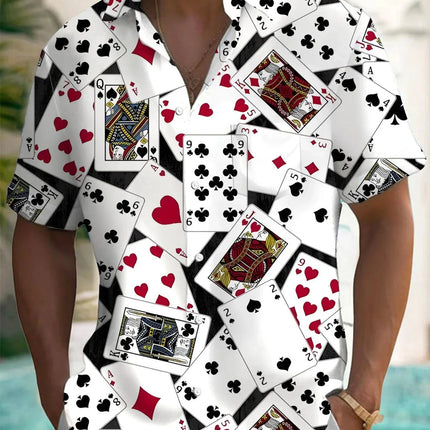 Men's Playing Cards and Dice Printed Short Sleeve Shirt Polyester Fabric Suitable for Summer Vacation and Casual Outing Shirts