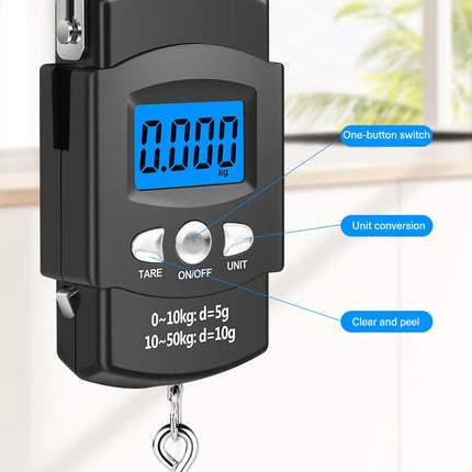 50kg/10g Portable LCD Electronic Hand Scale Travel Hanging Scale with 100cm Long Retractable Measuring Tape