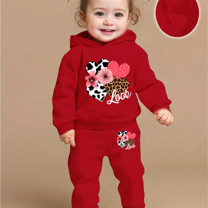 Baby Girl Love Love Flower Pattern Hoodie+Casual Pants Two Piece Set Spring and Autumn Sportswear